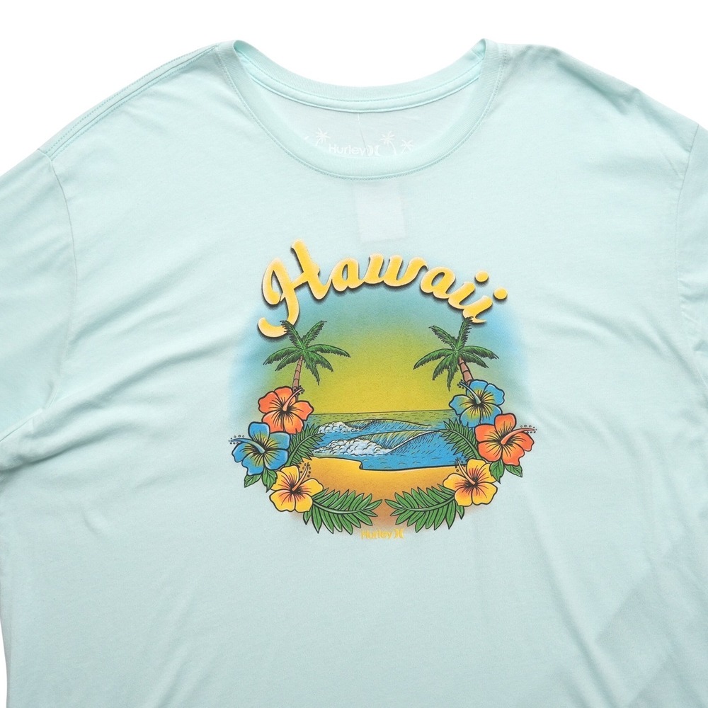 Hurley Mens XXL Blue Hawaii Graphic Tee Palm Tree Hibiscus Tropical